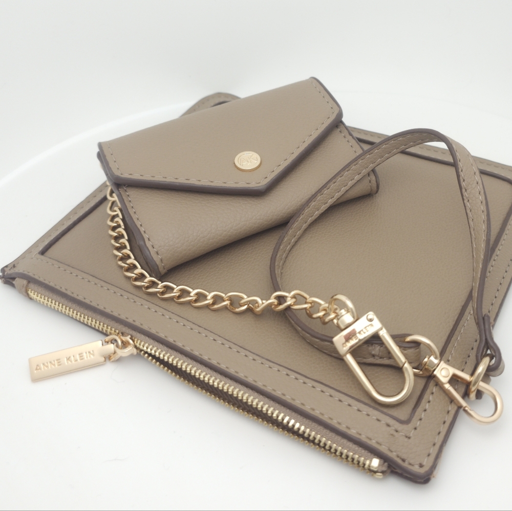 Anne Klein Taupe with Gold Accents Set - Wristlet Pouch & Matching Card Wallet